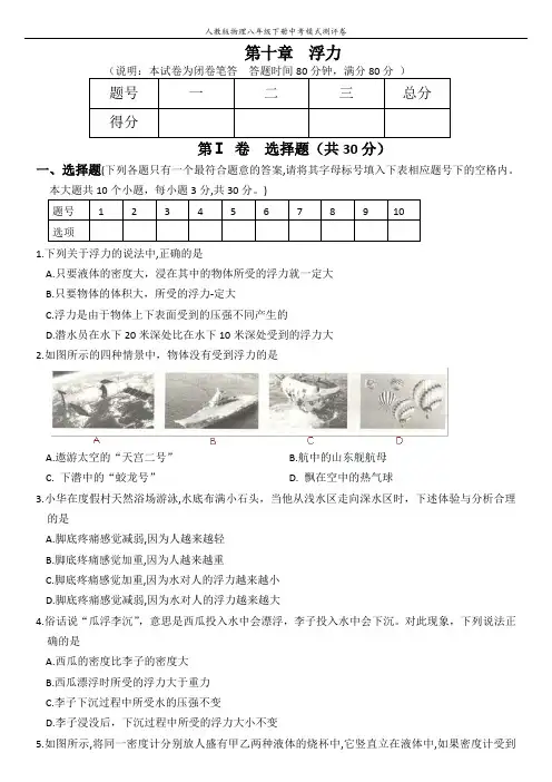 人教版八年级下册物理测评卷  第十章  浮力(重难点解析)