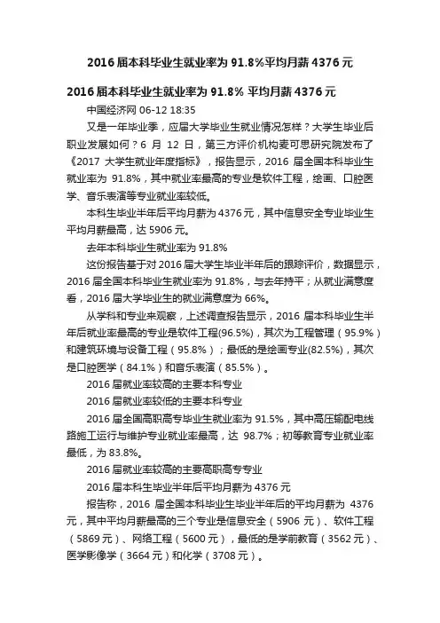 2016届本科毕业生就业率为91.8%平均月薪4376元