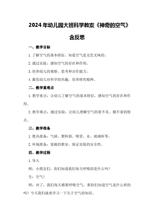 2024年幼儿园大班科学教案《神奇的空气》含反思