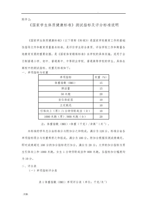 国家学生体质健康标准资料测试指标与评分标准说明