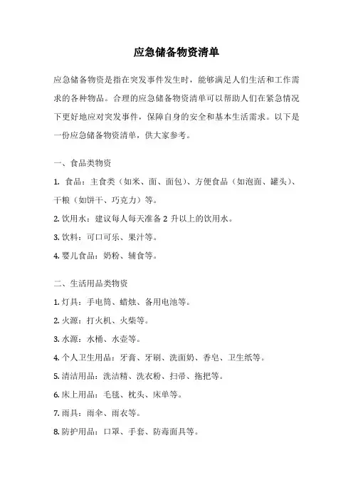 应急储备物资清单