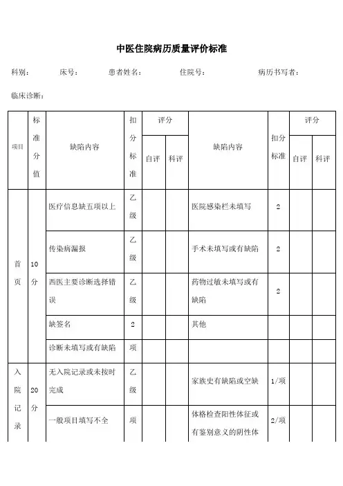 中医住院病历评分标准