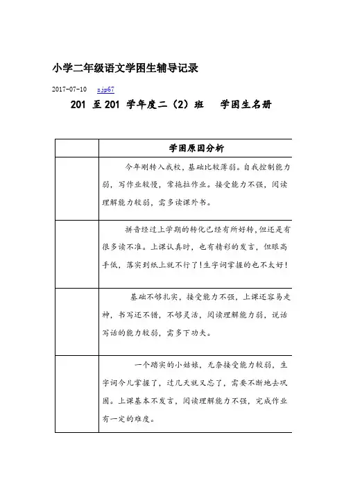 小学二年级语文学困生辅导记录簿