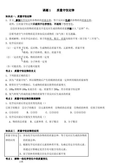 第五单元质量守恒定律知识点+例题+练习(含答案)