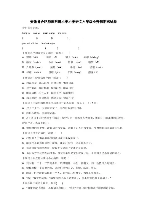 安徽省合肥师范附属小学小学语文六年级小升初期末试卷