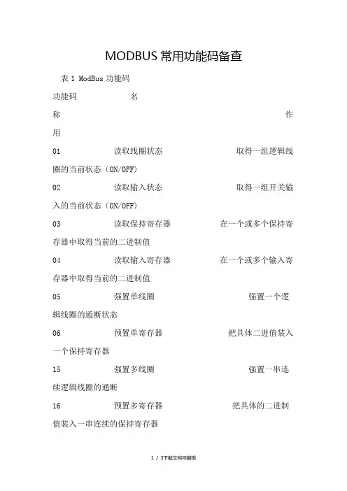 MODBUS常用功能码及对应地址