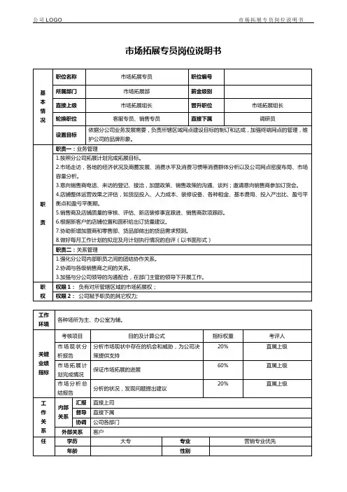 市场拓展专员岗位说明书