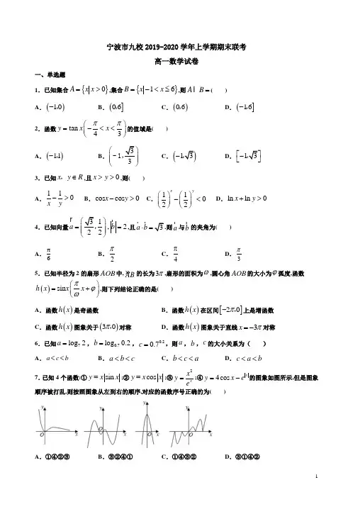 宁波市九校2019-2020学年上学期高一数学期末联考卷附答案解析