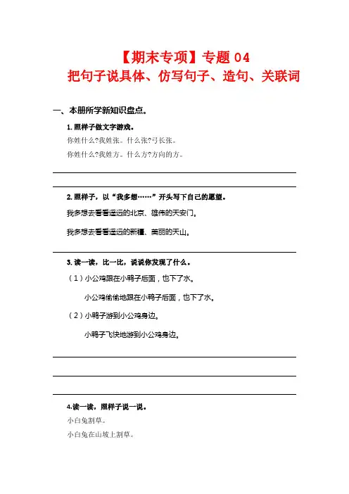 专题 04把句子说具体、仿写句子、造句、关联词-一年级语文下册期末专项复习