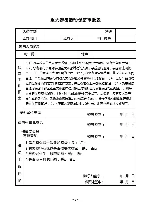 大学重大涉密活动保密审批表