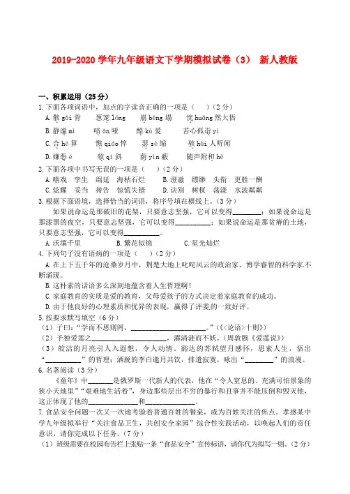 2019-2020学年九年级语文下学期模拟试卷(3) 新人教版