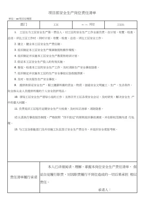 项目部工长安全生产岗位责任清单