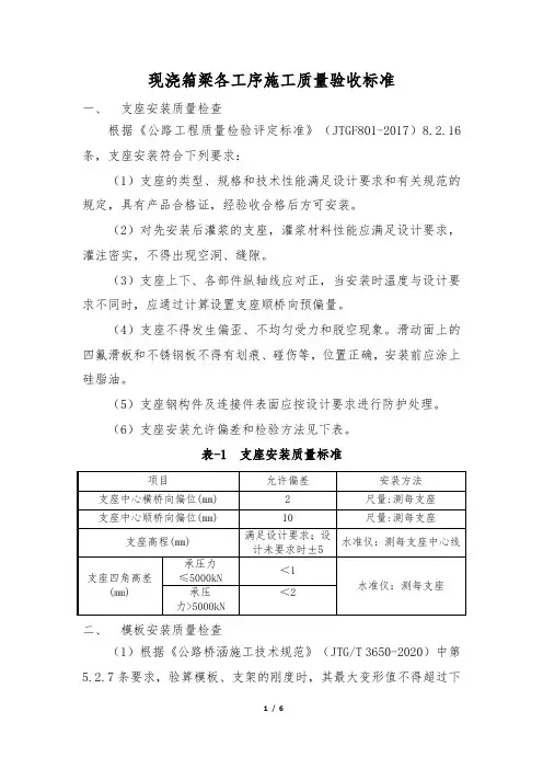 现浇箱梁各工序施工质量验收标准