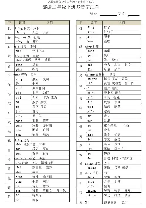 人教部编版小学二年级下册多音字汇总