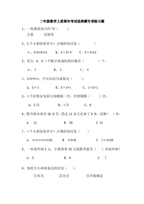 二年级数学上册期末考试选择题专项练习题