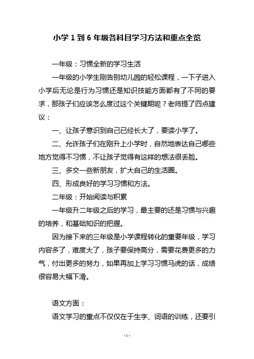 小学1到6年级各科目学习方法和重点全览