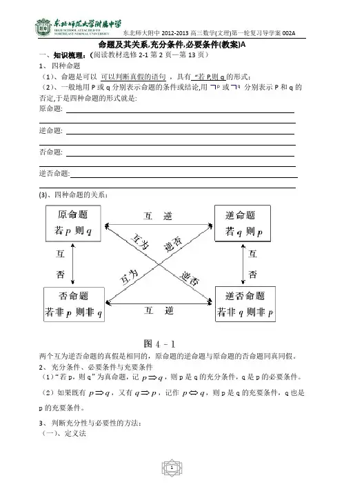 东北师大附属中学高三第一轮复习导学案--命题及其关系,充分条件,必要条件A