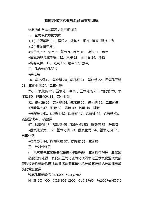 物质的化学式书写及命名专项训练