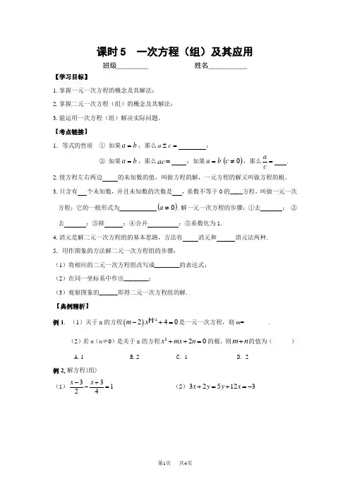 九年级数学一轮复习讲学稿 课时5 一次方程(组)及其应用