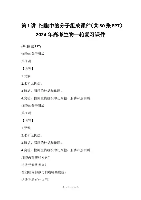 第1讲 细胞中的分子组成课件(共30张PPT)2024年高考生物一轮复习课件