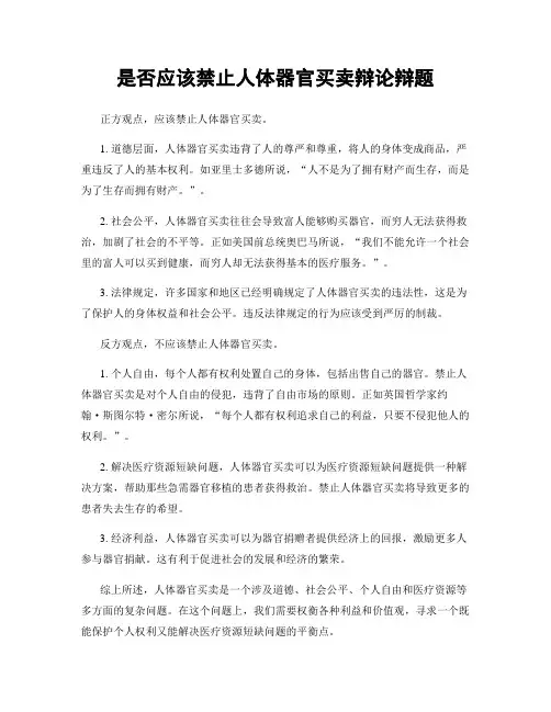 是否应该禁止人体器官买卖辩论辩题