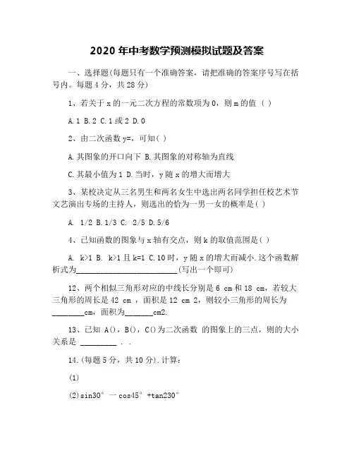 2020年中考数学预测模拟试题及答案