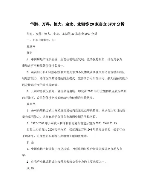 华润、万科,恒大,宝龙、龙湖等20家房企SWOT分析
