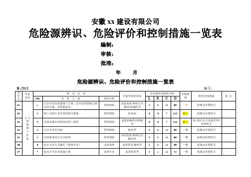 危险源辨识 危险评价和控制措施一览表