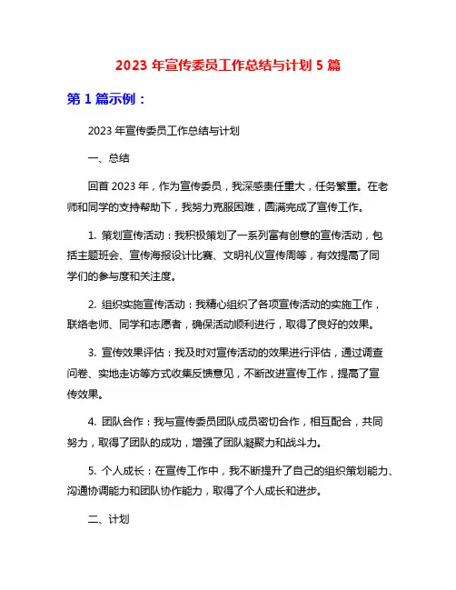2023年宣传委员工作总结与计划5篇