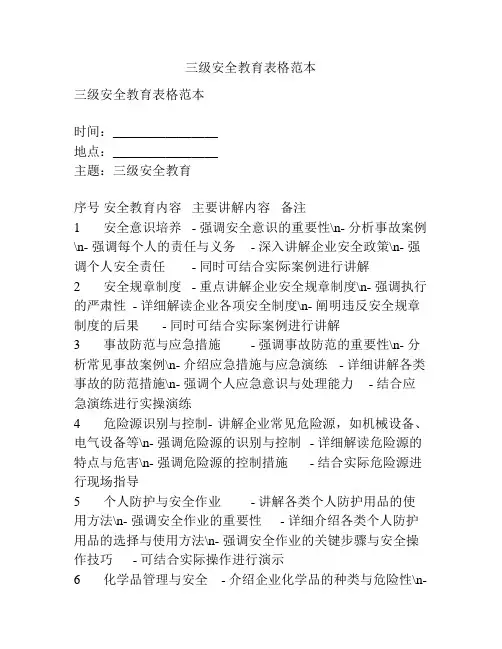 三级安全教育表格范本