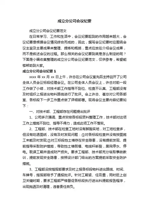 成立分公司会议纪要范文