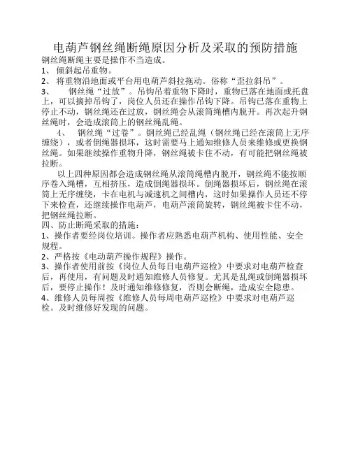 电葫芦钢丝绳断绳原因分析及采取的预防措施
