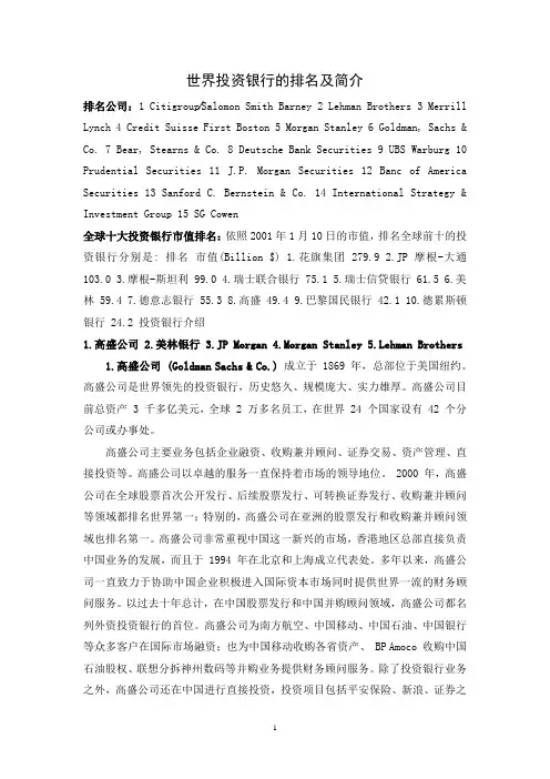 世界投资银行的排名及简介