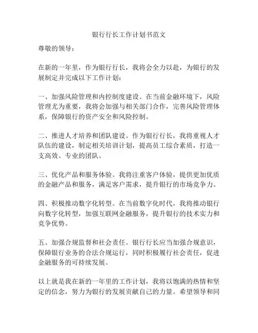银行行长工作计划书范文