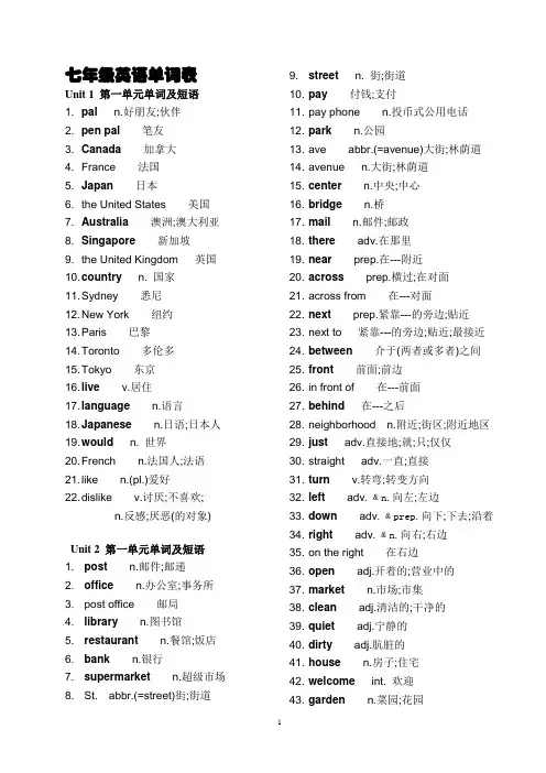 人教版初一年级下册英语单词表