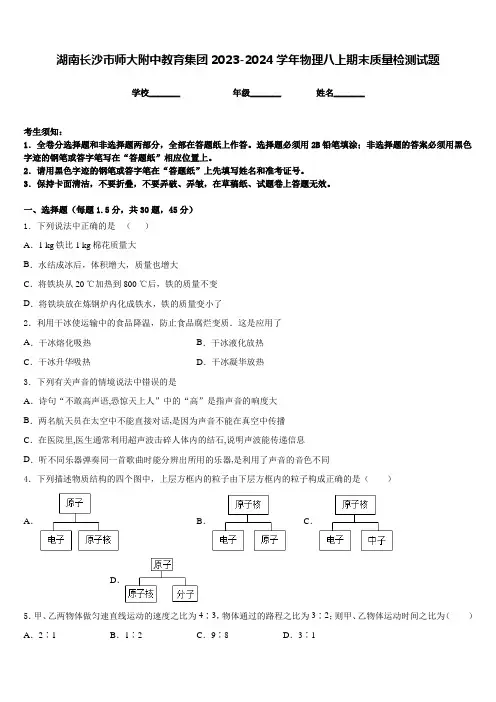湖南长沙市师大附中教育集团2023-2024学年物理八上期末质量检测试题含答案