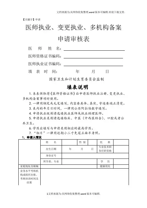 【申请】最新医师执业变更执业多机构备案申请表