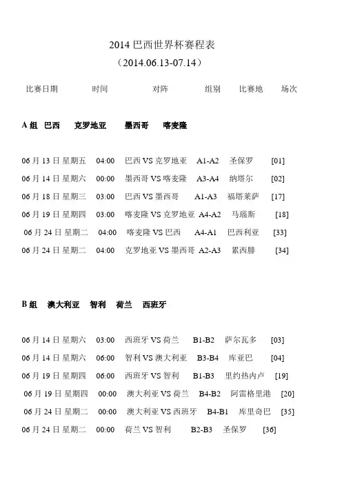 2014巴西世界杯赛程表(最新)