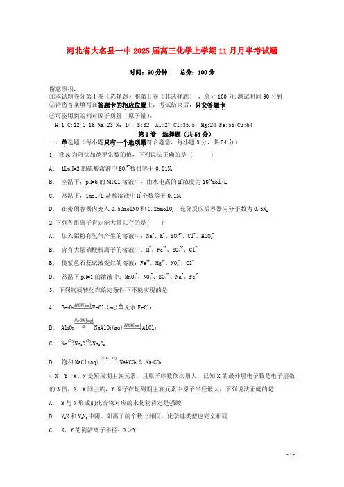 河北省大名县一中2025届高三化学上学期11月月半考试题