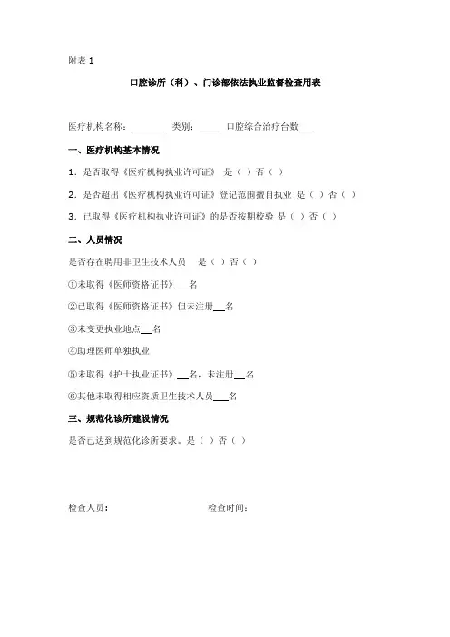 口腔诊所（科）、门诊部依法执业监督检查用表