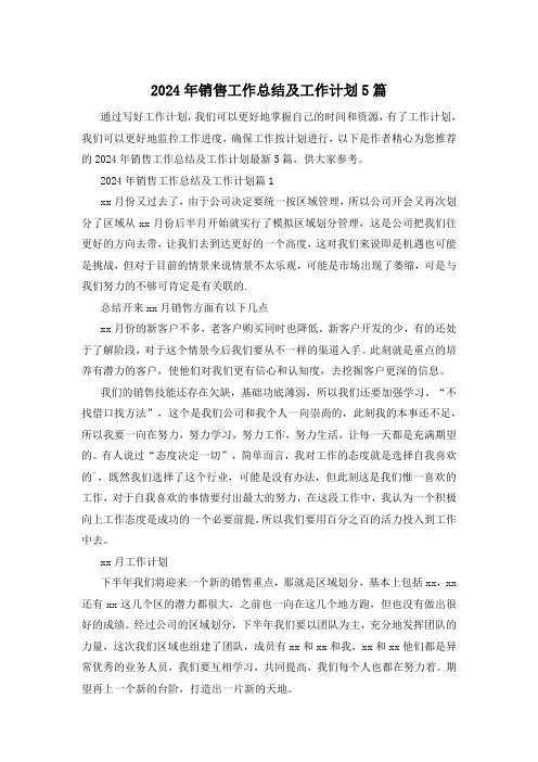 2024年销售工作总结及工作计划5篇