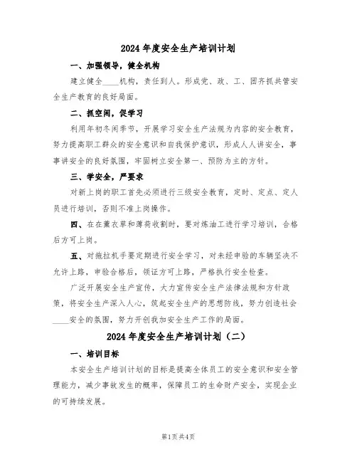2024年度安全生产培训计划(二篇)