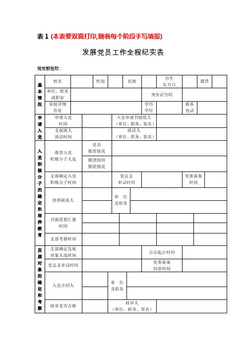 表1发展党员工作全程纪实表