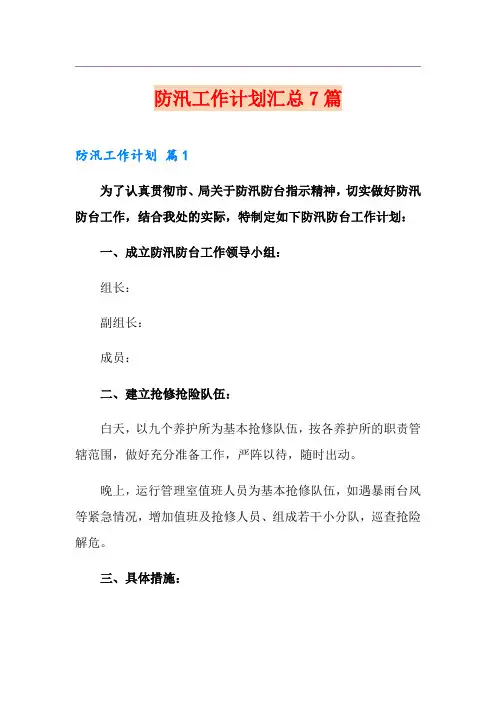 防汛工作计划汇总7篇