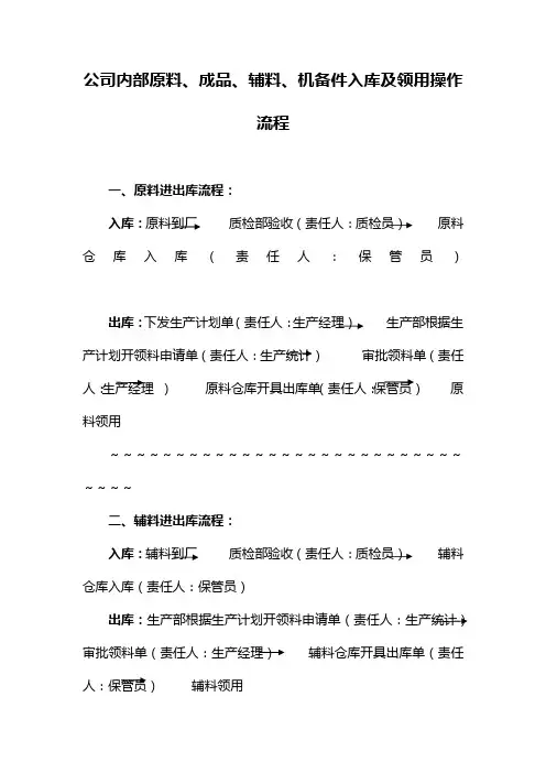 公司内部原料、成品、辅料、机备件入库及领用操作流程