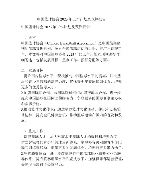 中国篮球协会2023年工作计划及预算报告