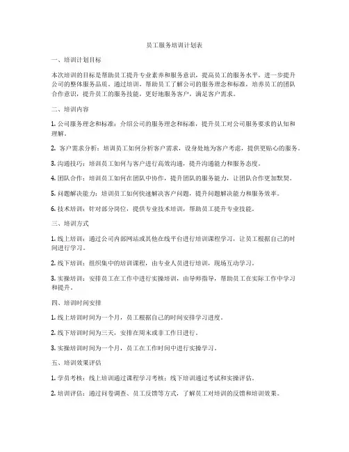 员工服务培训计划表