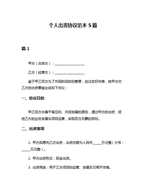 个人出资协议范本5篇