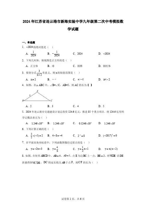 2024年江苏省连云港市新海实验中学九年级第二次中考模拟数学试题
