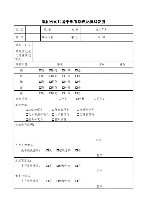 集团公司后备干部考察表及填写说明
